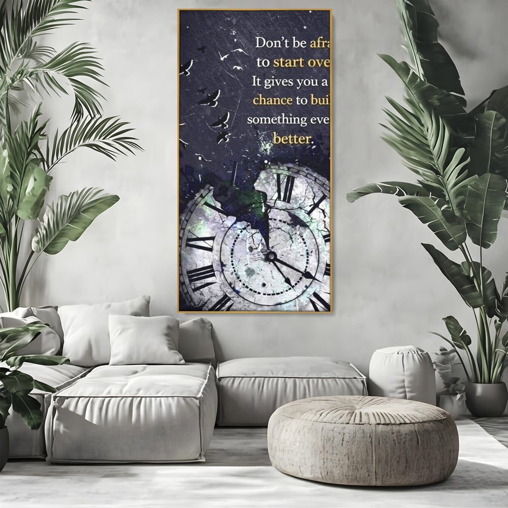 Tablou canvas cu tablou motivational cu ceas spart si pasarile zburatoare, in rama de aluminiu auriu, pe perete intr-un living